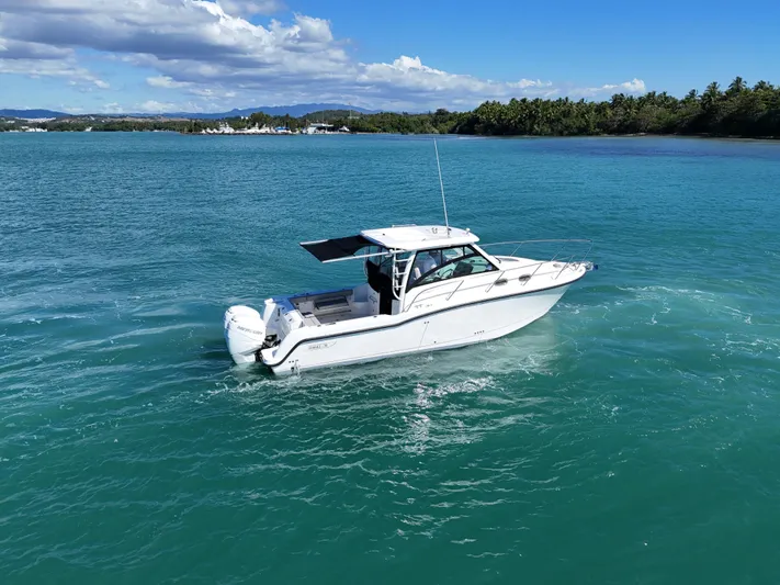  Yacht Photos Pics 2015 Boston Whaler 315 Conquest boat cruising on clear blue water under a sunny sky.