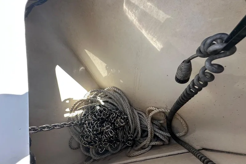  Yacht Photos Pics Rope and chain in the anchor locker of a 2015 Boston Whaler 315 Conquest boat.