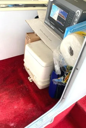 Wheeler Dealer Yacht Photos Pics Interior of a 2006 Fountain 42 Executioner with red carpet and marine equipment.