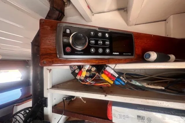 Miss Nina Yacht Photos Pics Interior of 1996 Custom Bolger PH Shoal-draft Ketch with audio system and wiring.