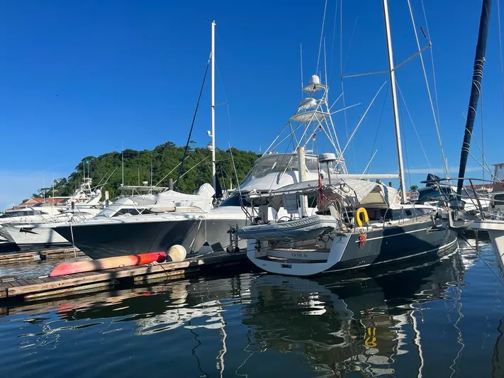 La Vieja Yacht Photos Pics 2011 Beneteau Sense 50 yacht docked at marina under clear blue sky.