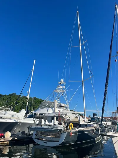 La Vieja Yacht Photos Pics 2011 Beneteau Sense 50 yacht docked at marina under clear blue sky.