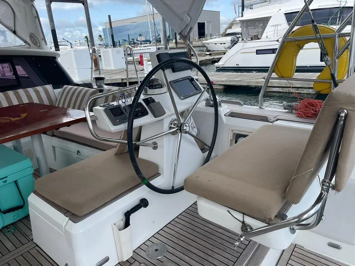 La Vieja Yacht Photos Pics Cockpit of 2011 Beneteau Sense 50 yacht with dual helm and comfortable seating.