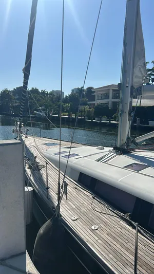 La Vieja Yacht Photos Pics 2011 Beneteau Sense 50 sailboat docked in sunny marina setting.