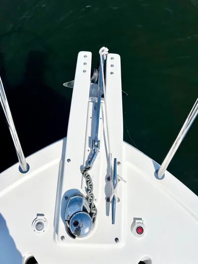 Traveller Yacht Photos Pics Bow of 2016 Back Cove 34 boat with anchor and chain mechanism.