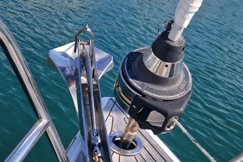  Yacht Photos Pics Bow of 2003 Grand Soleil 45 yacht with anchor and furler system.