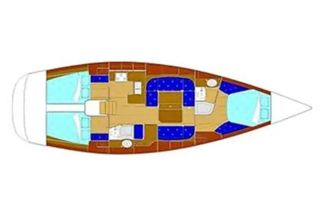  Yacht Photos Pics Floor plan of a 2003 Grand Soleil 45 sailboat, featuring cabins and seating areas.