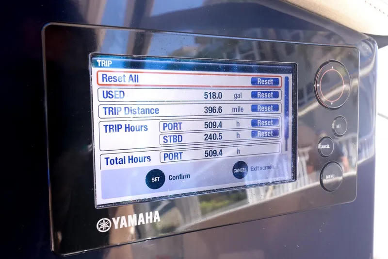 Ocean's Grace Yacht Photos Pics Yamaha display showing trip data on a 2016 Pursuit SC 365i boat.