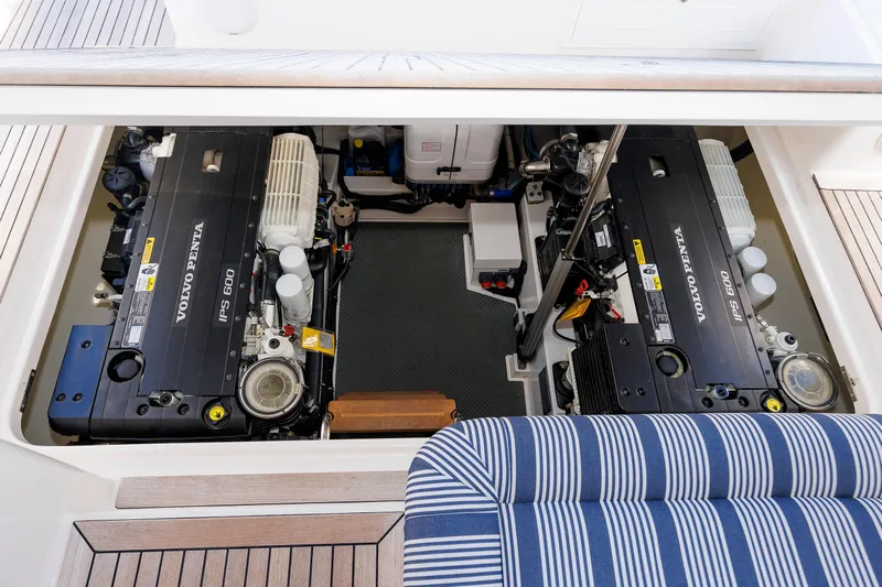 Friendly Persuasion Yacht Photos Pics Engine room of 2019 Grand Banks 44 Eastbay SX with Volvo Penta IPS 600 engines.