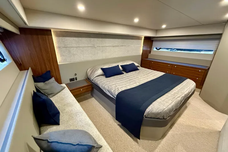  Yacht Photos Pics Luxurious bedroom interior of 2023 Maritimo M600 yacht with modern design and elegant furnishings.