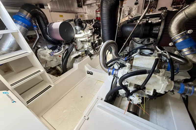  Yacht Photos Pics Engine room of 2023 Maritimo M600 yacht, showcasing advanced mechanical components and systems.