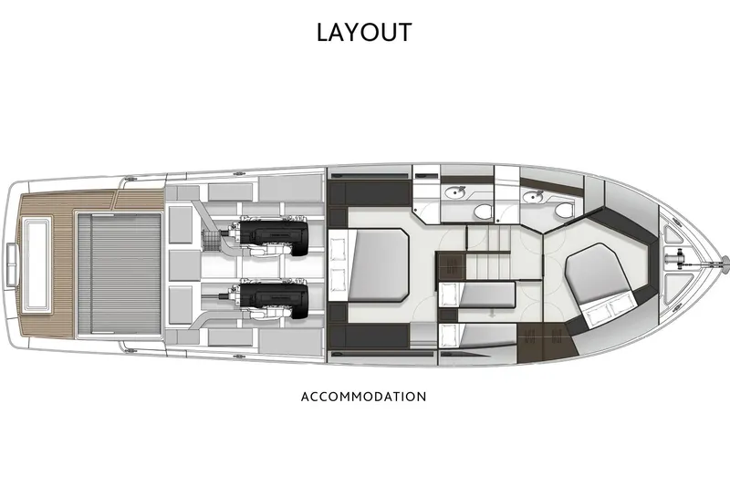  Yacht Photos Pics Layout of 2023 Maritimo M600 yacht accommodation, featuring bedrooms and bathrooms.