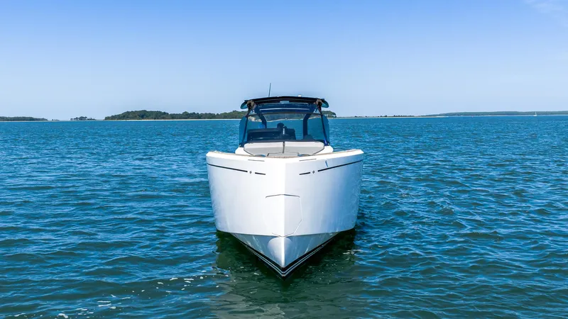  Yacht Photos Pics 2023 Pardo Yachts 38 on open water, front view, clear blue sky.