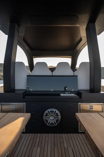 Maxim Yachts | Max43 Race Yacht Photos Pics Luxury interior of 2025 Maxim Yachts 43, featuring sleek seating and modern design elements.