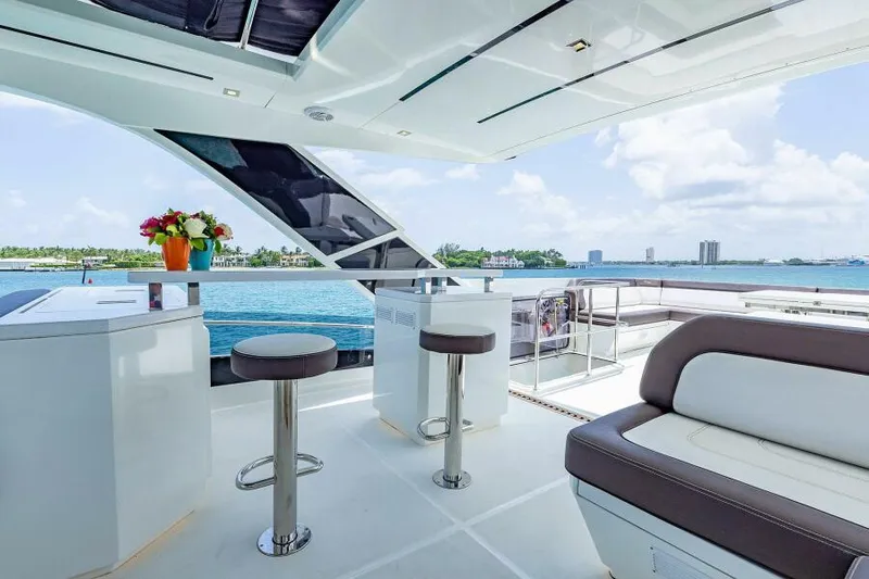  Yacht Photos Pics Luxurious 2019 Galeon 640 Fly yacht deck with seating and ocean view.
