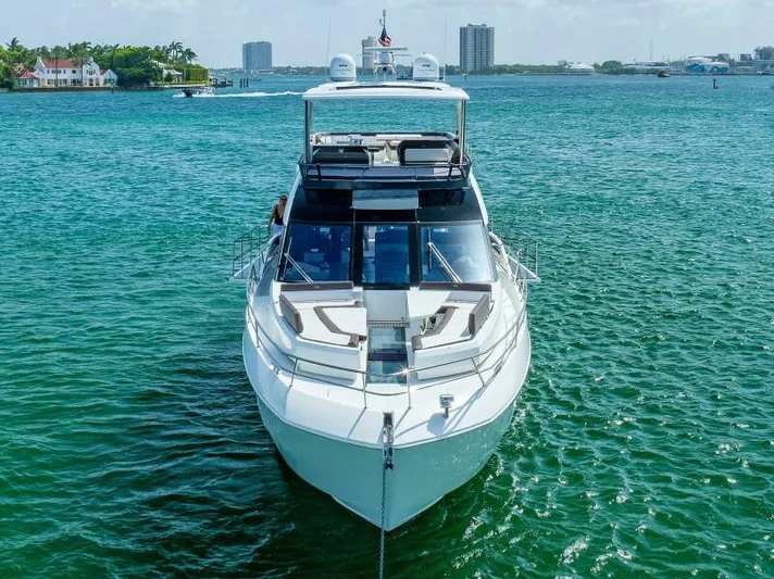  Yacht Photos Pics 2019 Galeon 640 Fly yacht on clear blue water, front view.