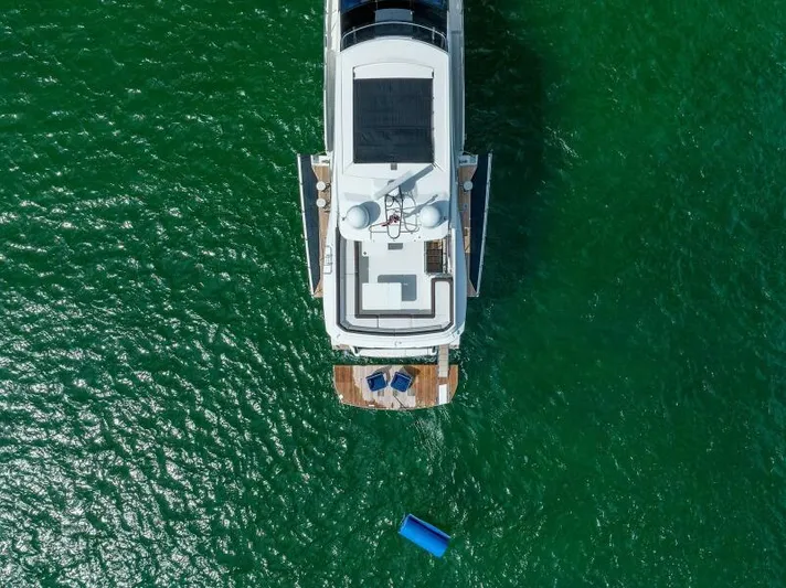  Yacht Photos Pics Aerial view of 2019 Galeon 640 Fly yacht on green water.