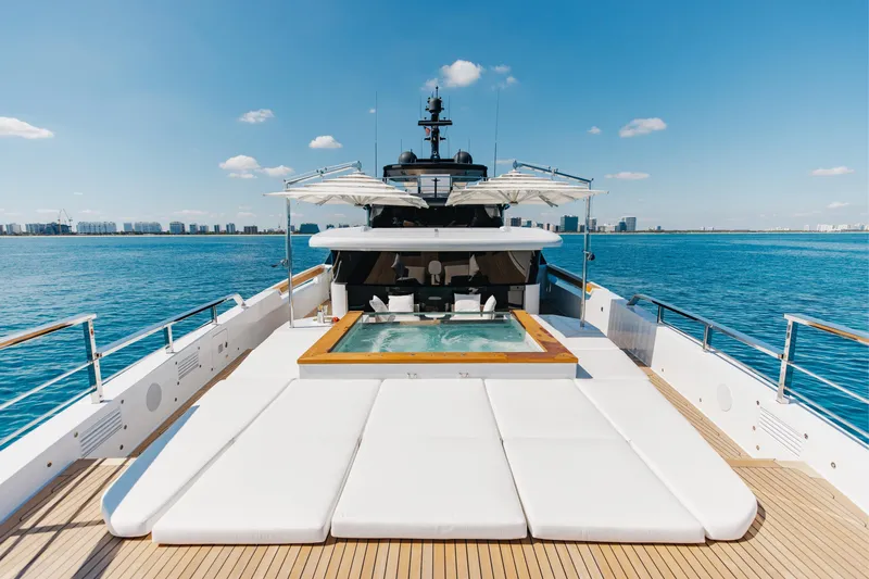Neverland II Yacht Photos Pics Luxurious 2020 Sanlorenzo 44 Alloy yacht with sun deck and jacuzzi, cruising on clear blue waters.