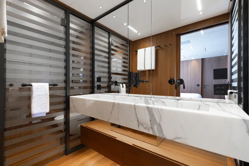 Neverland II Yacht Photos Pics Luxurious bathroom in 2020 Sanlorenzo 44 Alloy yacht with marble sink and modern design.