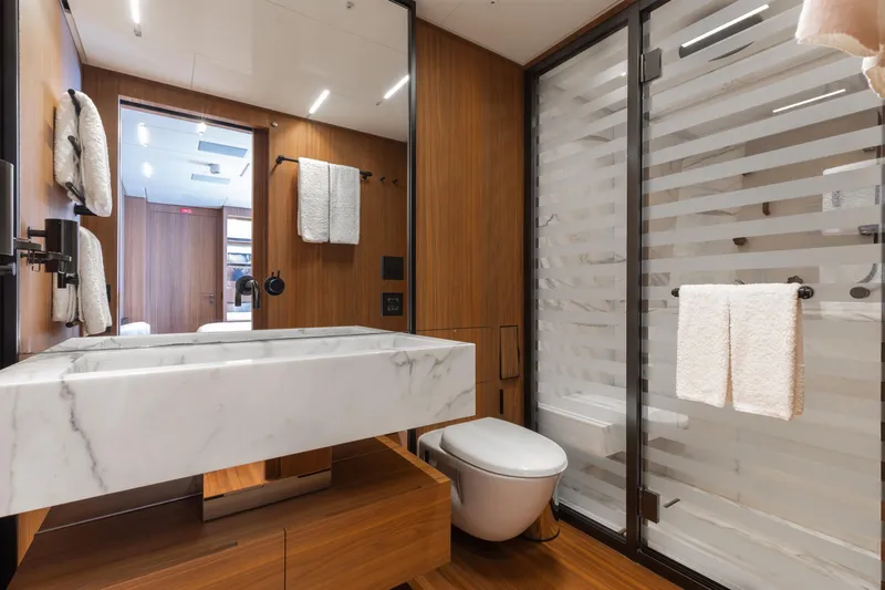 Neverland II Yacht Photos Pics Luxurious bathroom in 2020 Sanlorenzo 44 Alloy yacht with marble sink and modern design.