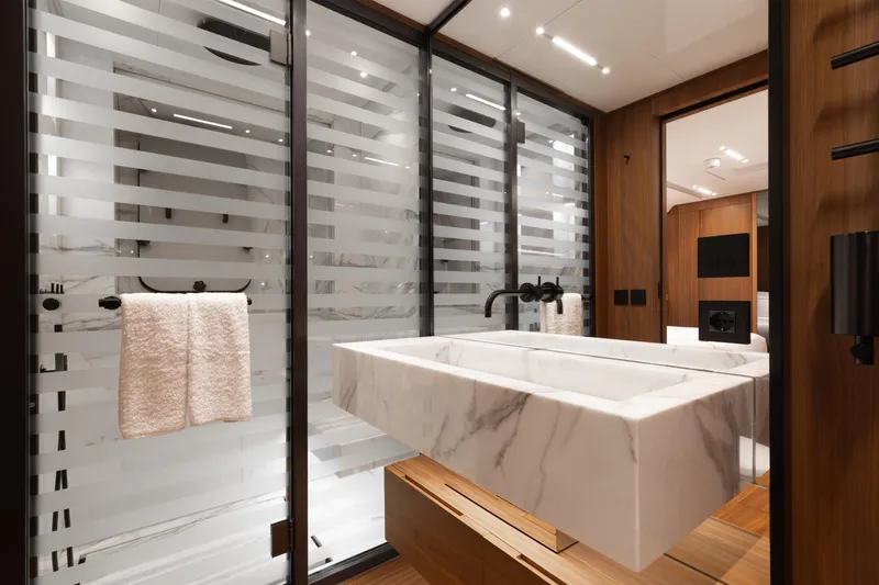 Neverland II Yacht Photos Pics Luxurious bathroom on 2020 Sanlorenzo 44 Alloy yacht with marble sink and modern design.