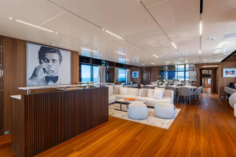 Neverland II Yacht Photos Pics Luxurious interior of 2020 Sanlorenzo 44 Alloy yacht with elegant wood finishes and modern decor.