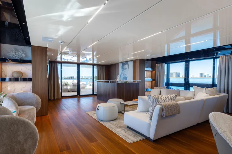 Neverland II Yacht Photos Pics Luxurious interior of 2020 Sanlorenzo 44 Alloy yacht with elegant furnishings and ocean view.