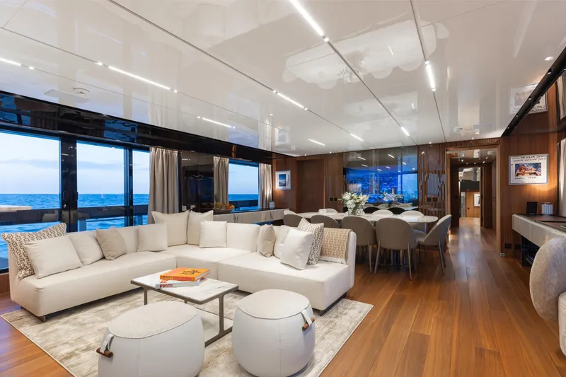 Neverland II Yacht Photos Pics Luxurious interior of 2020 Sanlorenzo 44 Alloy yacht with elegant seating and dining area.