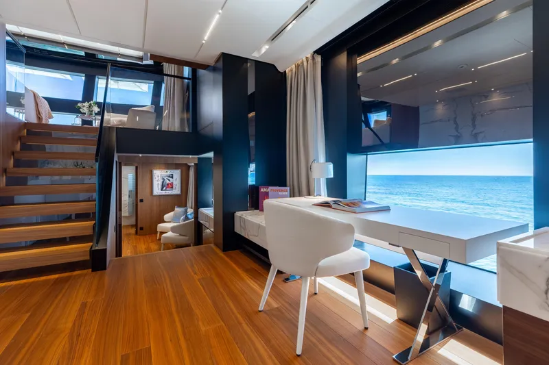 Neverland II Yacht Photos Pics Luxurious interior of 2020 Sanlorenzo 44 Alloy yacht with ocean view and modern furnishings.