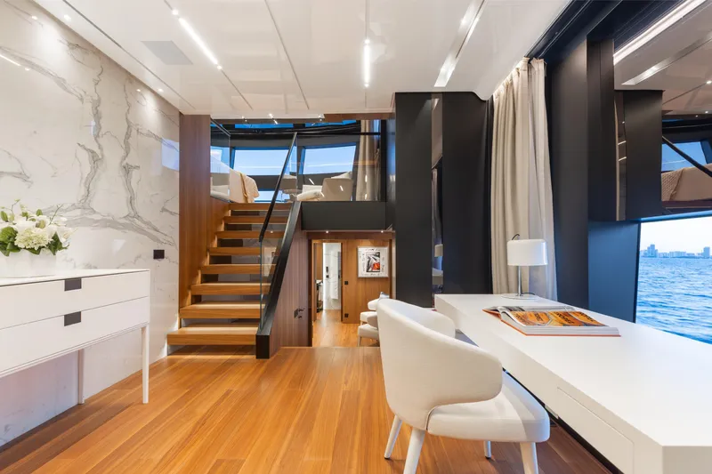 Neverland II Yacht Photos Pics Luxurious interior of 2020 Sanlorenzo 44 Alloy yacht with modern design and ocean view.