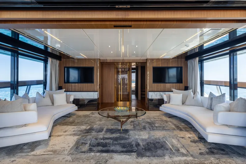 Neverland II Yacht Photos Pics Luxurious interior of 2020 Sanlorenzo 44 Alloy yacht with modern decor and ocean view.