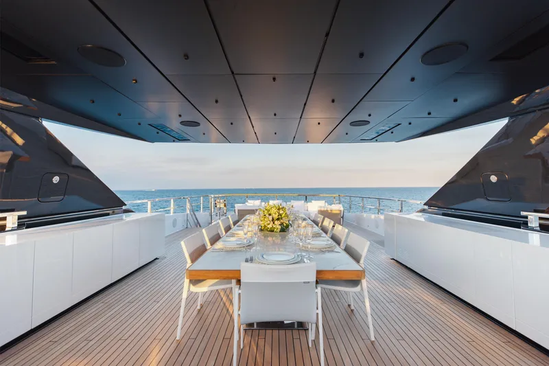 Neverland II Yacht Photos Pics Luxurious dining area on 2020 Sanlorenzo 44 Alloy yacht with ocean view.
