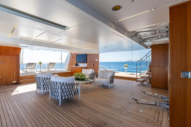 Neverland II Yacht Photos Pics Luxurious Sanlorenzo 44 Alloy yacht interior, 2020 model, featuring elegant seating and ocean views.