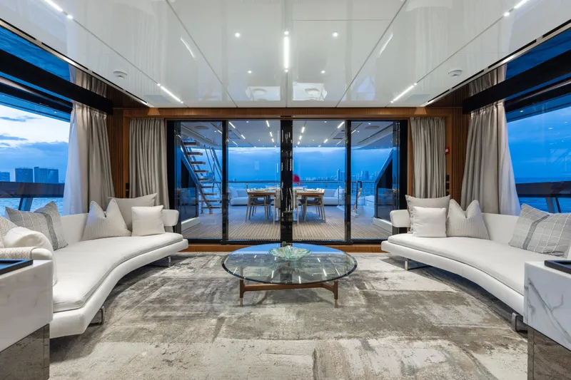 Neverland II Yacht Photos Pics Luxurious interior of 2020 Sanlorenzo 44 Alloy yacht with elegant seating and ocean view.
