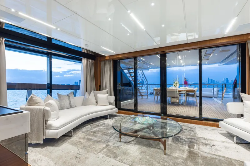 Neverland II Yacht Photos Pics Luxurious interior of 2020 Sanlorenzo 44 Alloy yacht with ocean view and elegant furnishings.