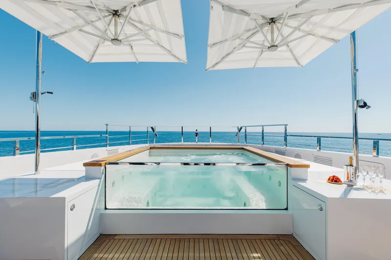 Neverland II Yacht Photos Pics Luxurious Sanlorenzo 44 Alloy yacht deck with jacuzzi, umbrellas, and ocean view, 2020 model.
