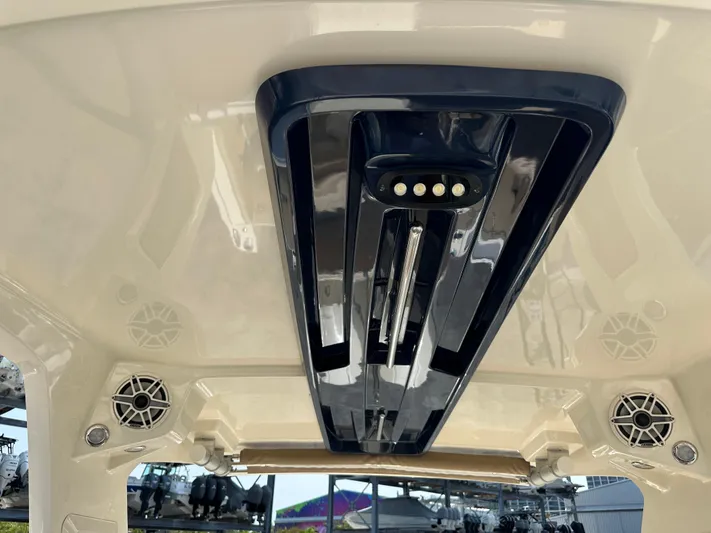  Yacht Photos Pics 2022 Scout 277 Dorado boat interior ceiling with built-in speakers and lighting.