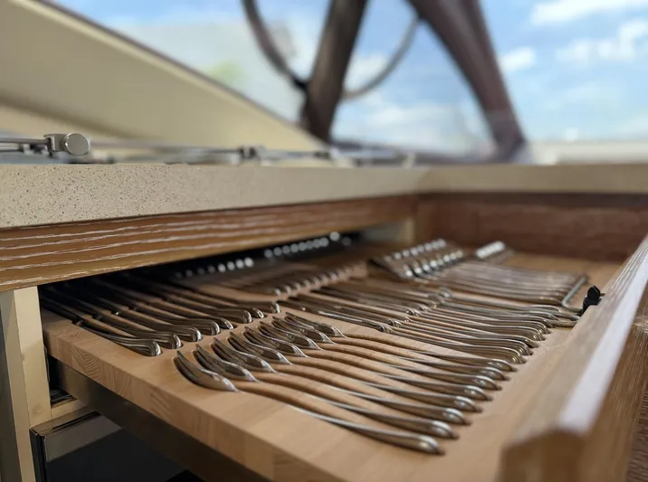  Yacht Photos Pics Drawer with neatly arranged cutlery on a 2016 Azimut 54 yacht.