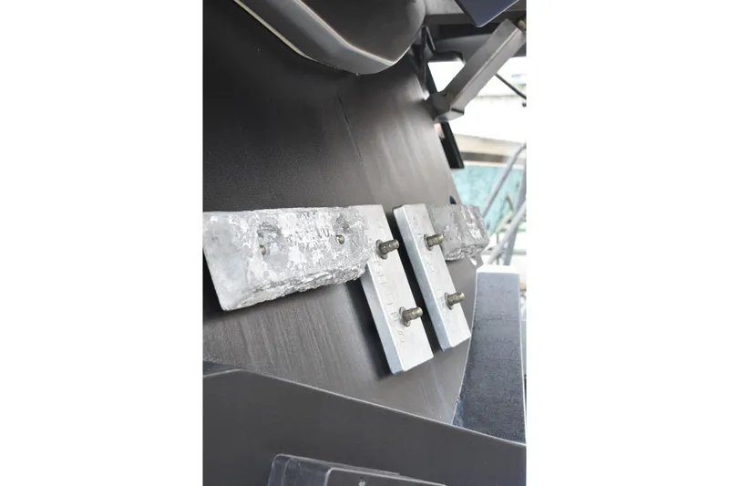 Rivo Co Rivo Yacht Photos Pics Close-up of zinc anodes on a 2019 Pershing 5x yacht hull.
