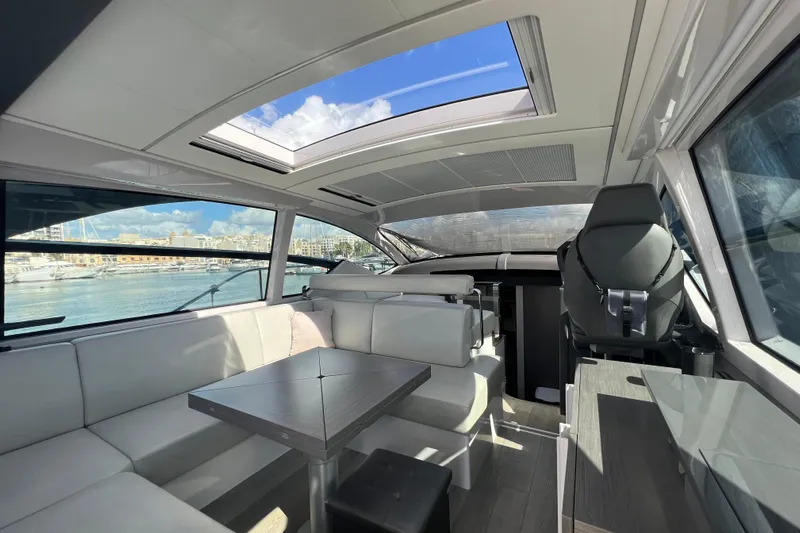 Rivo Co Rivo Yacht Photos Pics Luxurious interior of 2019 Pershing 5x yacht with panoramic windows and modern seating.