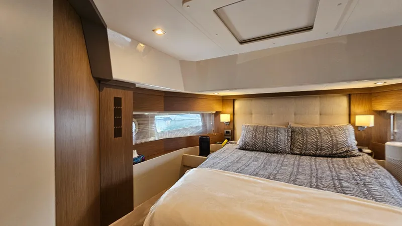  Yacht Photos Pics Luxurious bedroom interior of 2021 Cranchi Eco Trawler T43 Long Distance yacht.