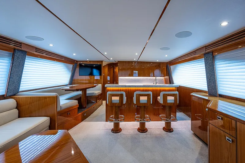 City Hands Yacht Photos Pics Luxurious interior of a 2020 Viking 68 Convertible yacht with modern furnishings.