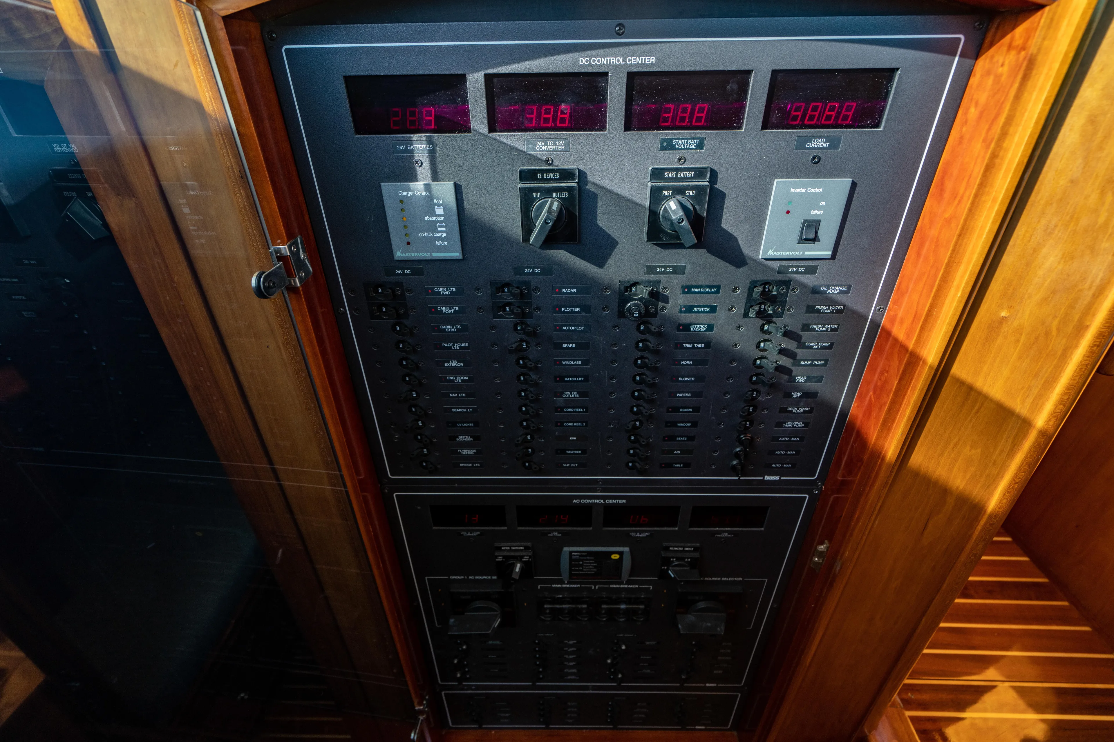 Three Aces Yacht Photos Pics Electrical control panel on 2007 Hinckley Talaria 55 FB yacht.