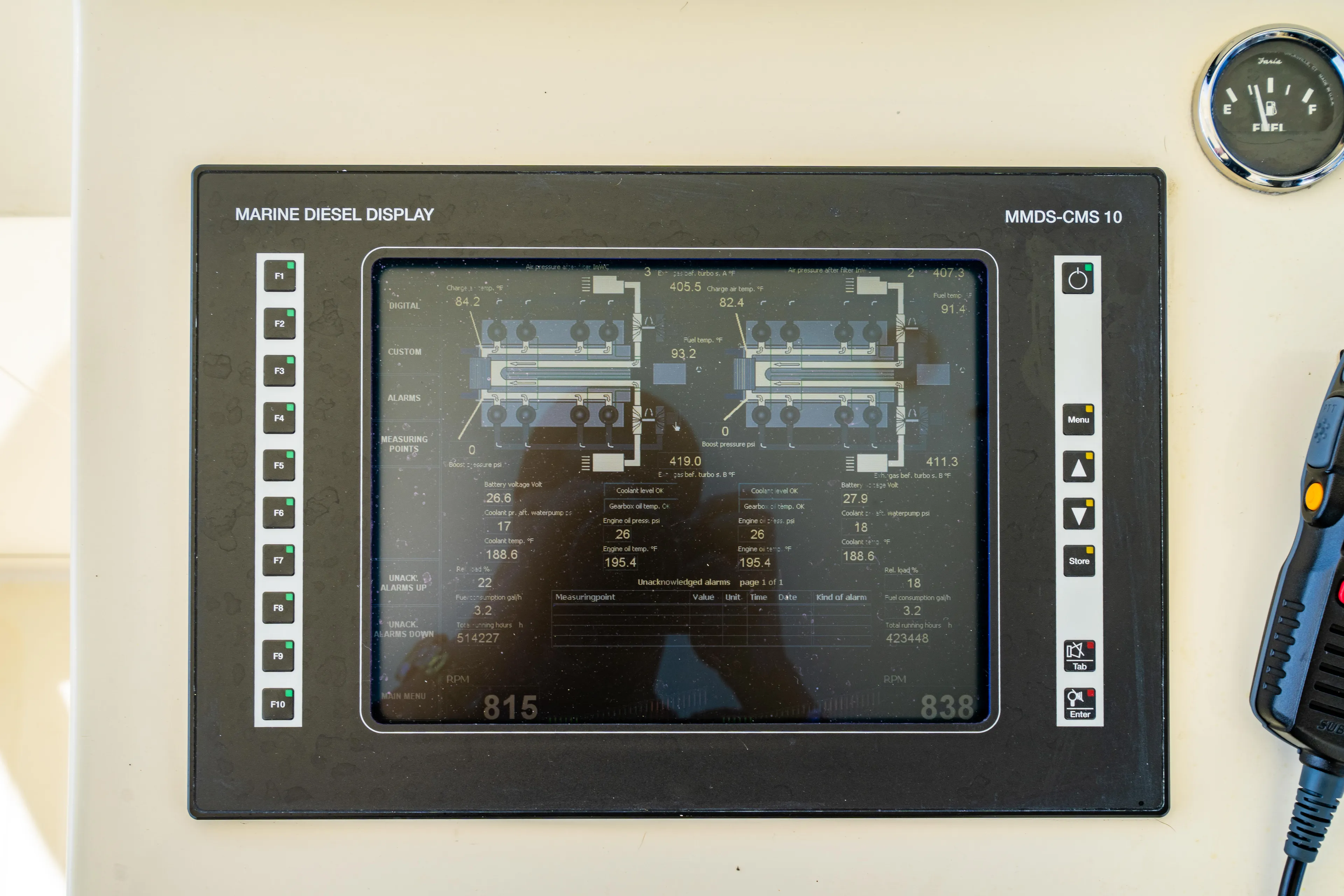 Three Aces Yacht Photos Pics Marine diesel display on 2007 Hinckley Talaria 55 FB boat dashboard.