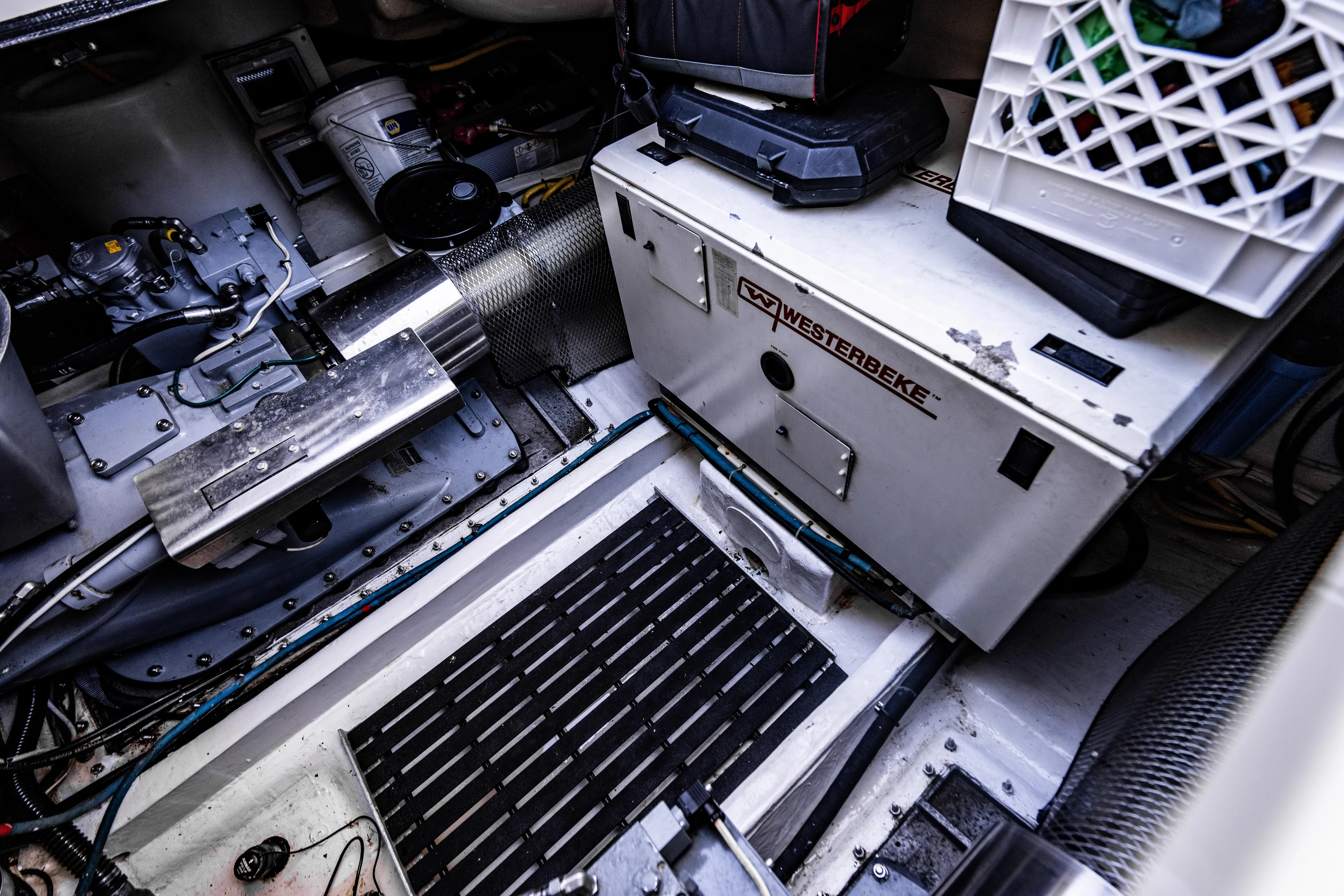 Three Aces Yacht Photos Pics Engine room of 2007 Hinckley Talaria 55 FB with Westerbeke generator and mechanical components.