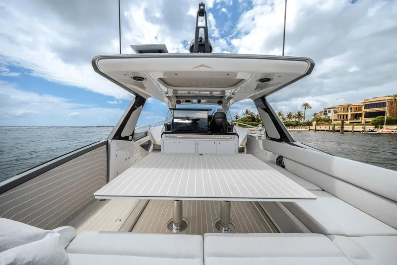  Yacht Photos Pics 2025 Azimut Verve 48 luxury yacht interior with sleek design and spacious seating.