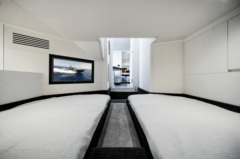  Yacht Photos Pics Interior of 2025 Azimut Verve 48 yacht with twin beds and modern design.