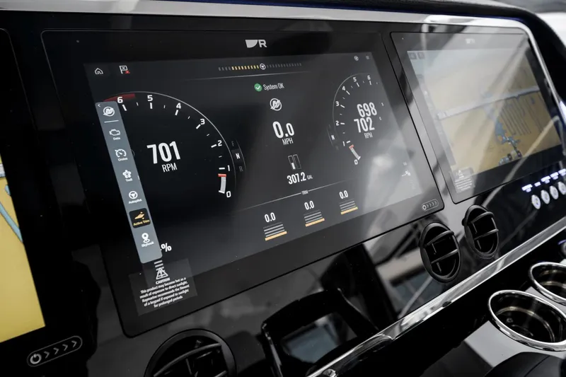  Yacht Photos Pics Dashboard of 2025 Azimut Verve 48 yacht displaying RPM and navigation data.