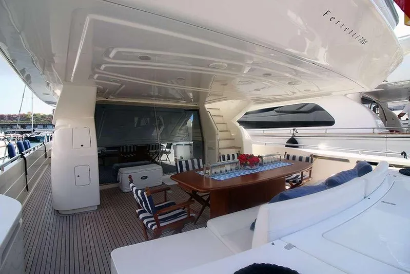  Yacht Photos Pics Luxurious 2006 Ferretti Yachts 780 with elegant outdoor dining area and stylish seating.