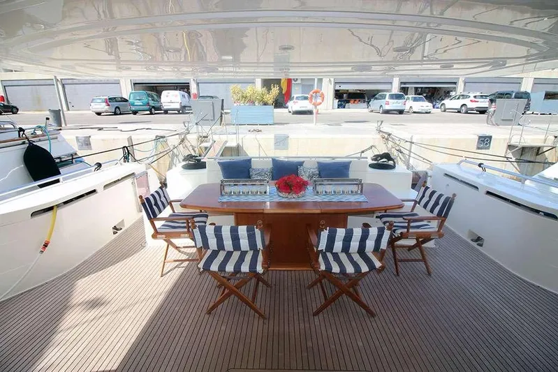  Yacht Photos Pics Luxurious 2006 Ferretti Yachts 780 deck with striped chairs and elegant dining setup.